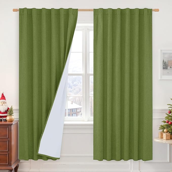 LAMIT 100% Blackout Linen Curtains for Living Room, 72 Inches Linen Textured Thermal Bedroom Drapes Back Tab and Rod Pocket Christmas Panels with White Liner, 2 Panels, 52 x 72 Inch, Olive Green
