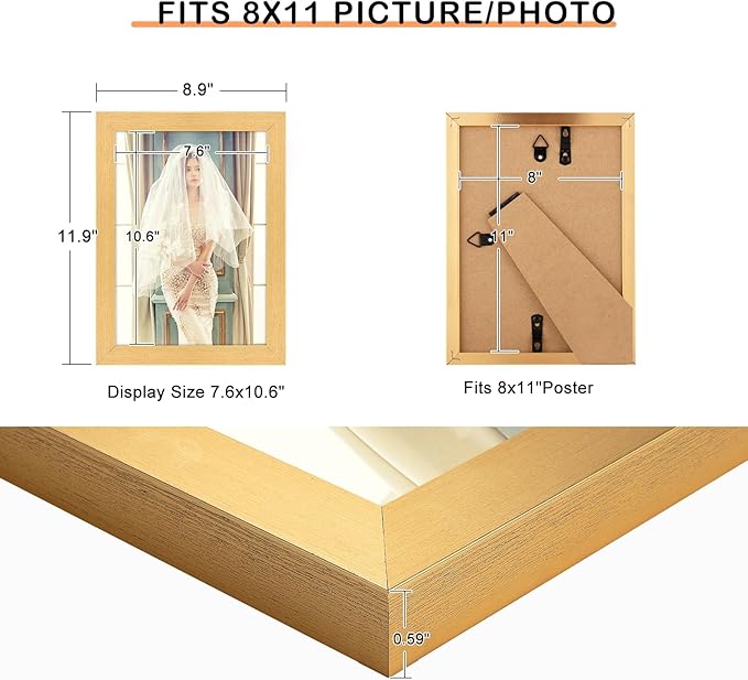 8x11 Picture Frame Gold, Rustic Natural 11x8in Photo/Portrait/Poster/Art Frame, Wall Hanging/Tabletop, Horizontal/Vertical Display Gallery Family Wedding Memorial Pic Frame Gift