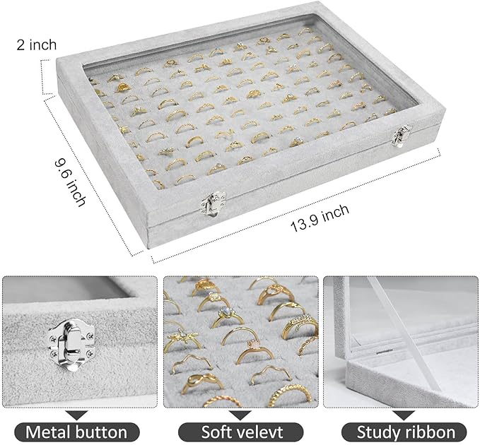 Ring Display Case Organizer Box with Transparent Lid, 100 Slot Ring Organizer Holder Showcase For Store Display Jewelry Show Home (Grey)