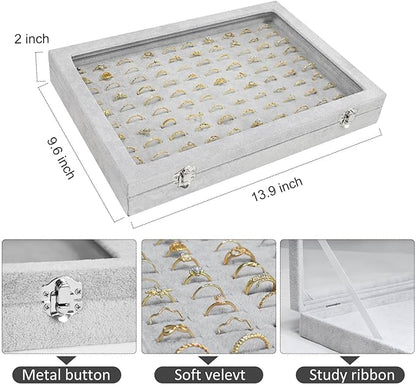 Ring Display Case Organizer Box with Transparent Lid, 100 Slot Ring Organizer Holder Showcase For Store Display Jewelry Show Home (Grey)