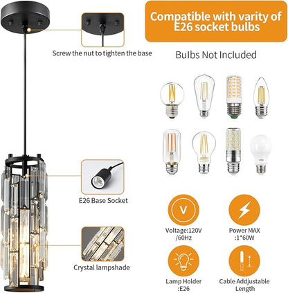 Pendant Lights Modern Black Pendant Light Mini Crystal Chandelier Pendant Lighting for Kitchen Island Dinning Room Bedroom Kitchen Sink Lighting (Black 2-Pack)