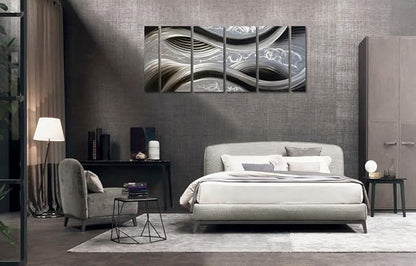 MyArton Handcrafted Abstract Metal Wall Art with Soft Color, Large Scale Decor in Black Line Design, 3D Artwork for Indoor Outdoor Wall Decorations, 6-Panels Metal Art Measure 24"x 65"