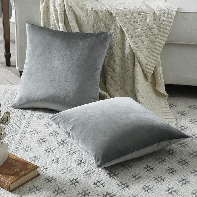 GIGIZAZA Velvet Dark Grey Throw Pillow Covers,20x20 Square Pillow Covers Set of 2 Decorative Modern Pillows for Living Room Couch Sofa Luxury Solid Pillow Cases
