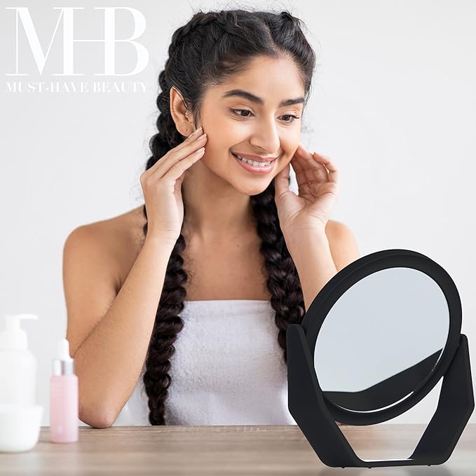 EXPRESSIONS Premium Soft Touch Rotating Mirror - Round Black Vanity Mirror, Handheld or Tabletop, 1x/2x Magnification Makeup Mirror, Small Desk or Travel Mirror