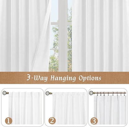 LAMIT Extra Wide 100% White Blackout Linen Curtains 63 Inch Length, Linen Textured Thermal Bedroom Curtains Back Tab and Rod Pocket Neutral Panels with White Liner, 2 Panels, 60 x 63 Inch
