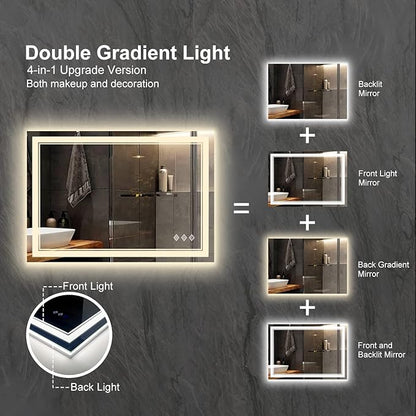 Lighted Bathroom Mirror, 40x30 Inch Gradient Front and Backlit LED Bathroom Mirror, 3 Colors Dimmable CRI>90 Double Lights, Enhanced Anti-Fog, Hanging Plates Wall Mount LED Mirror
