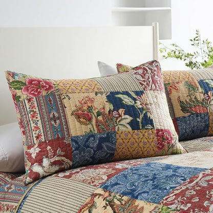 Cotton Bedspread Quilt Sets Reversible Bedding Coverlet Sets 3 Pieces Gorgeous Rustic Vintage Floral Red Yellow Patchwork Bedspread, Queen Size