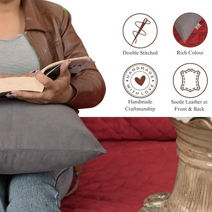 Genuine Suede Leather Pillow Cover, 14x14 Inch Case for Lumbar Throw Couch Pillows, Thick & Soft Cushion Covers for Sofa Bed Home Decor (Suede Grey Plain Pack of 1)