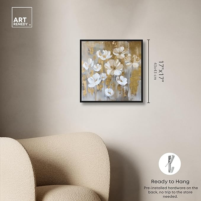 Art Remedy Golden Daisies Canvas Elegant White Gold Wall Art, Black Frame, 16" x 16"