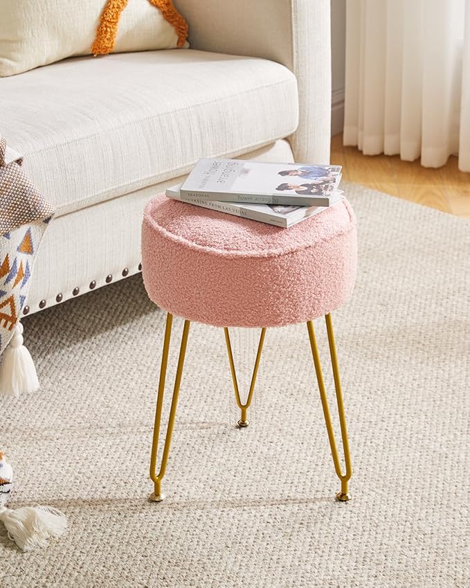 IBUYKE Teddy Velvet Round Footrest Stool Ottoman, Makeup Vanity Stool Side Table, Velvet Dressing Table Seat, Pouf Couch Stool, for Living Room Bedroom, Pink WBD009P
