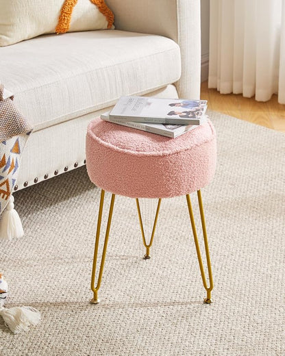 IBUYKE Teddy Velvet Round Footrest Stool Ottoman, Makeup Vanity Stool Side Table, Velvet Dressing Table Seat, Pouf Couch Stool, for Living Room Bedroom, Pink WBD009P