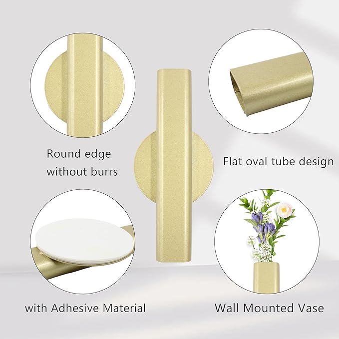 6.3" Wall-Mounted Flower Tube, Top/Bottom Open Vase, Adhesive Metal Flower Open Tube Decoration Holder for Flower Display, Home Office Living Room Bedroom Decoration, 2pcs(Gold)