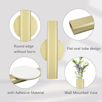 6.3" Wall-Mounted Flower Tube, Top/Bottom Open Vase, Adhesive Metal Flower Open Tube Decoration Holder for Flower Display, Home Office Living Room Bedroom Decoration, 2pcs(Gold)