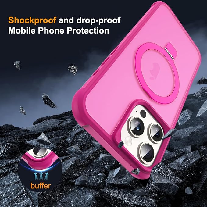 Compatible with iPhone 16 Pro Max Case with Invisible Magnetic O-Ring Stand Military-Grade Translucent Case for iPhone 16 ProMax 6.9" [Compatible with Mag-Safe][Great Grip Feeling], Rose