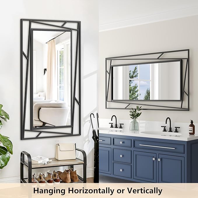 Rectangular Wall Mirror, 45''X30'' Matte Black Metal Framed Farmhouse Bathroom Mirrors for Bedroom Entryway Living Room, Hang Horizontally or Vertically