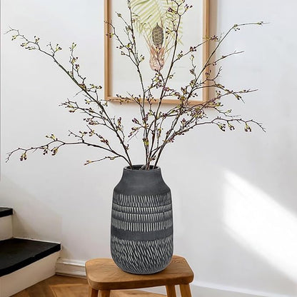 11" Rustic Farmhouse Vase with Linear Stripe, Antique Ceramic Vase Handmade in Pottery, Decorative Vintage Style for Home, Living Room, Shelf & Entryway Decor, Dark Gray