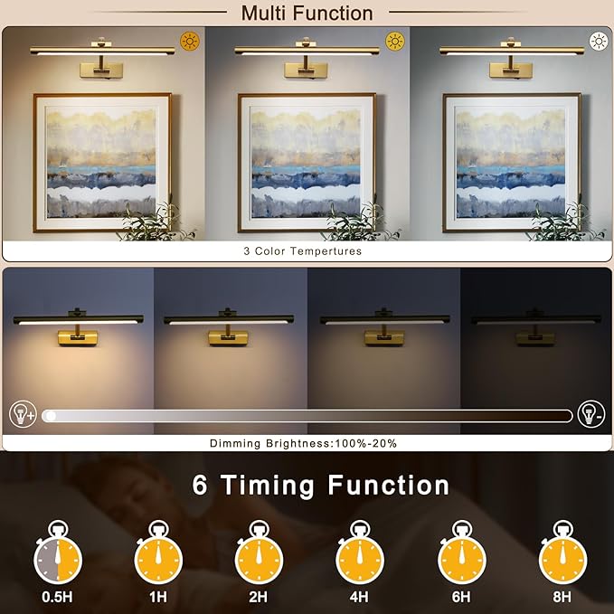 Wireless Picture Lights for Wall Battery Operated Brass Art Light for Paintings with Remote 3CCT Dimmable Potrait Lighting Rotatable Display Lighting 16" Rechargeable Wall Lamp for Frame Dartboard