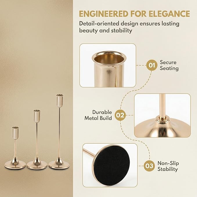 18 Pcs Gold Candlestick Holders Set - Vintage Brass Taper Candle Holder for Pillar Candles - Modern Decorative Centerpiece for Wedding Fireplace Mantel Decor - Cozy Atmosphere Housewarming Gift