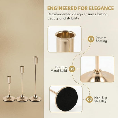3 Pcs Gold Candlestick Holders Set - Vintage Brass Taper Candle Holder for Pillar Candles - Modern Decorative Centerpiece for Wedding Fireplace Mantel Decor - Cozy Atmosphere Housewarming Gift