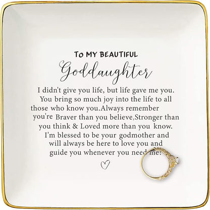 NZY Goddaughter Gifts from Godmotehr Godfather,Birthday Graduation Christmas Gifts for Goddaughter,Encouraging Gift-Ceramic Jewelry Tray Trinket Holder Ring Dish,I Didn't Give You Life