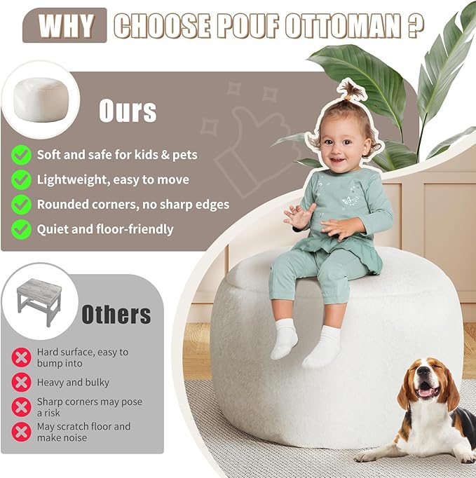Round Pouf Ottoman Foot Rest, 29 X 18Inch Floor Poufs Footstool, A Round Modern Foam Filled Foot Stool for Living Room, Home, Nursery, Dorm, Outdoor (White, 29Inch)