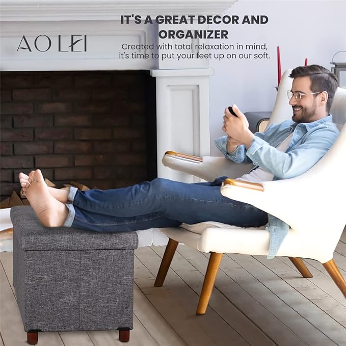 30 Inches Storage Ottoman Bench, Rect Grey, Modern, Classic Style, Linen Fabric, Walnut Wood Legs