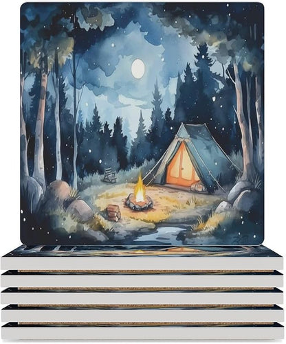 Forest Drink Coasters, Square Ceramic Drink Coaster Square-6PCS, Watercolor Mountain Forest Nature Tree Woodland Camping Decor Absorbent Ceramic Coasters for Beverage Cup, Bar, Coffee Table