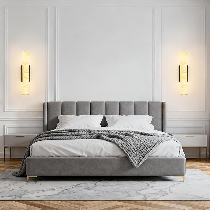 LMQNINE Natural Alabaster Wall Sconces Set of Two Spanish Marble Wall Light Cylinder Modern Black LED Sconce for Living Room Bedroom Bathroo Stairs（S-2Pack）