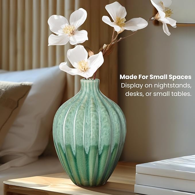 Torre & Tagus 6" Reactive Glaze Ceramic Green Bud Vase - Mint Green Two-Tone Handmade Textured Vases for Home Decor & Flowers as Small Decorative Accents for Coffee Table & Shelf (Allium 6 Inch Vase)