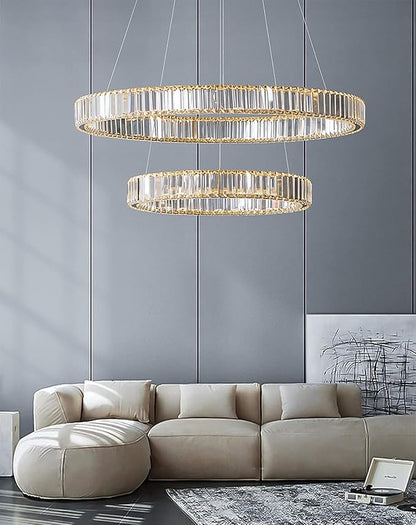 Modern Crystal Chandelier LED Ring Pendant Light 20" Round Crystal Chandeliers for Living Room Dinning Room, Chrome