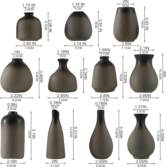 Tanvecle Rustic Ceramic Bud Vase Set of 11, Small Vases for Pampas Grass, Flowers, Modern Farmhouse for Home Decor, Vintage Decor, for Living Room, Dining Table & Shelves