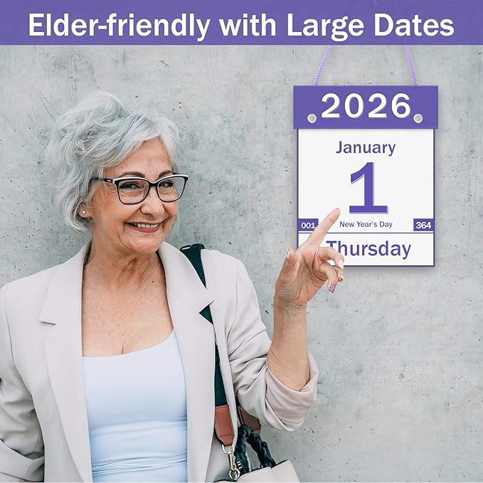 2026 Daily Wall Calendar, Page per Day with Large Print Dates, 365 Day Tear off Wall Calendar for Seniors Gift Home Office School Dorms, 8.5" x 6", Tear Away Calendars with Hanging String, Purple