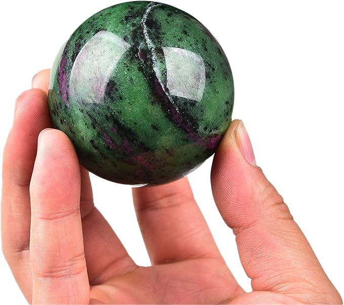 JIC Gem Natural Ruby Zoisite Quartz Crystal Sphere Balls with Wood Stand Red&Green Treasure Gemstone Decorative Orbs Reiki Energy Healing Crystal Ball (60-70mm)