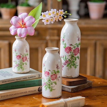 Vintage Vase Set of 3, Ceramic Vintage Flower Vases, Decorative Home Decor Retro Floral Vase Rustic Farmhouse Decor for Table Bookshelf Mantel Kitchen Living Room Office - Pink Flower