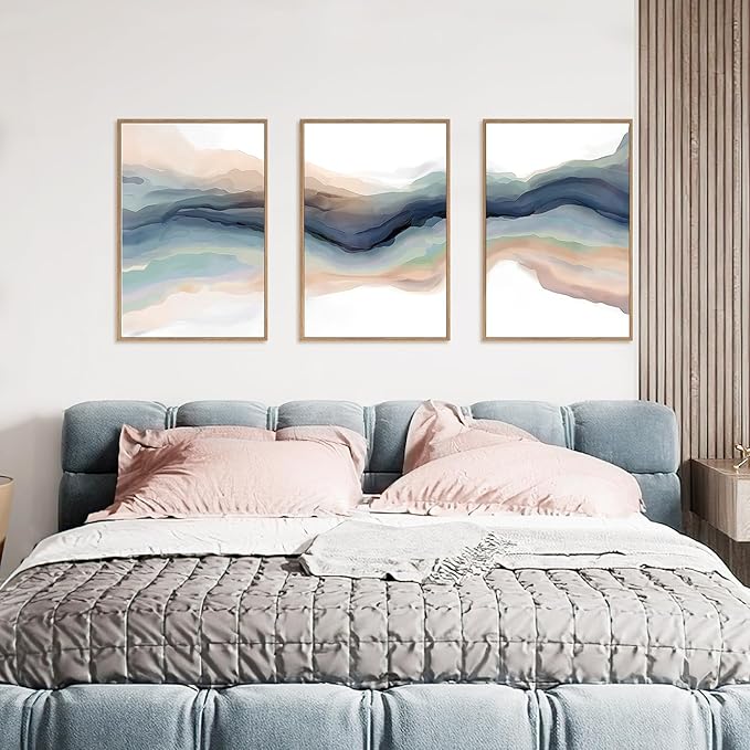HLNIUC Blue Abstract Wall Art, Watercolor Line 16"x24" Framed Art Set of 3, Modern Wave Canvas Wall Decor, Natural Landscape Paint Stroke Prints for Living Room, Bedroom, Office