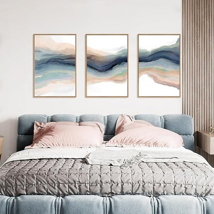 HLNIUC Blue Abstract Wall Art, Watercolor Line 16"x24" Framed Art Set of 3, Modern Wave Canvas Wall Decor, Natural Landscape Paint Stroke Prints for Living Room, Bedroom, Office