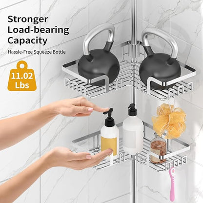 KEGII Adjustable Shower Caddy Corner Tension Pole, Rustproof Shower Rod Organizer with Hooks, Floor to Ceiling Tension Rod 25-114.2 Inch, Bathtub Storage Organizer for Shampoo, 4-Tier Silver