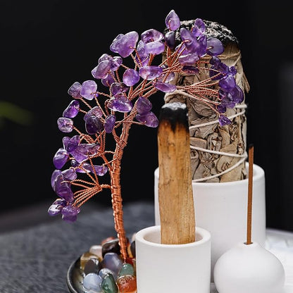 5 in 1 Incense Burner Holder with Crystal Tree for Burning Palo Santo Stick, Sage, Incense Sticks, Candle, Ceramic Tray Ash Catcher, Meditation Gift (Purple)