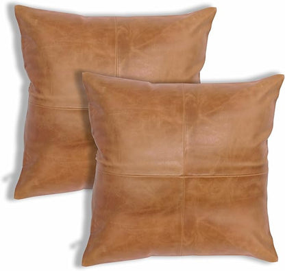 LL LEATHER LOVERS Lambskin Leather Pillow Cover - Sofa Cushion Case - Decorative Throw Covers for Living Room & Bedroom, 22x22 Inches - Gold Beige Plain (01) Pack of 2