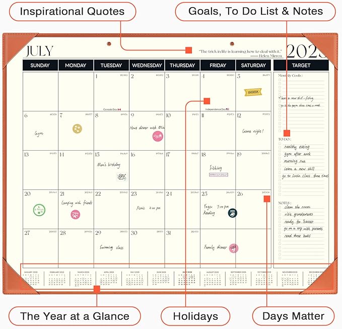 Ospelelf Large Desk Calendar 2025-2026 with Protective Cover, 18 Months Planner Pad from July 2025 to Dec 2026, 22" x 17" Wall Calendar with PU Leather Pad for Home or Office, Orange