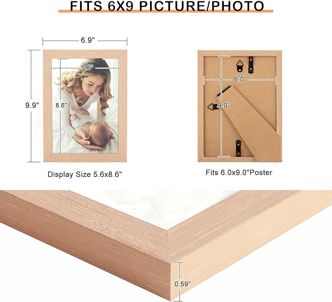 6x9 Picture Frame Woodgrain, Rustic Natural 9x6in Photo/Portrait/Poster/Art Frame, Wall Hanging/Tabletop, Horizontal/Vertical Display Gallery Family Wedding Memorial Pic Frame Gift