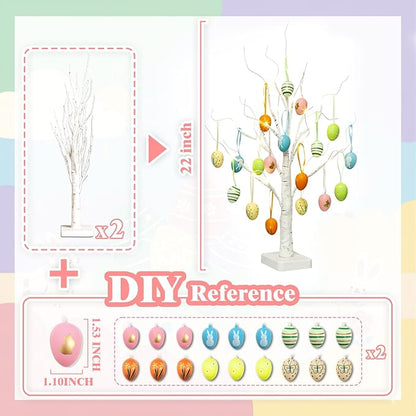 PEIDUO Easter Decorations, 24LT Easter Egg Tree for Home Decor, Lighted Tabletop Tree with 36 Multicolor Painted Eggs, Artificial Tree Decor for Spring Party Bedroom Classrooms (2PK)