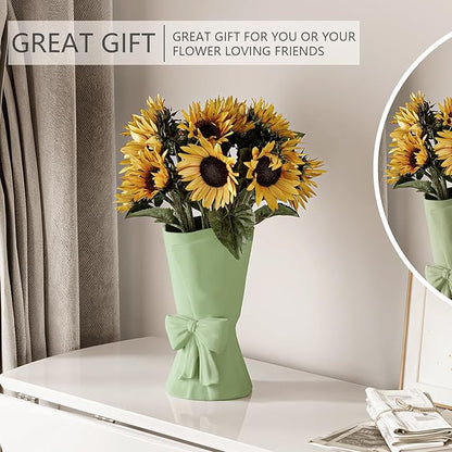 Green Ceramic Bow Vase 9.64 in Unique Cute Modern Decorative Bouquet Flower Vases for Home Living Room Table Decor Women Girl Gifts