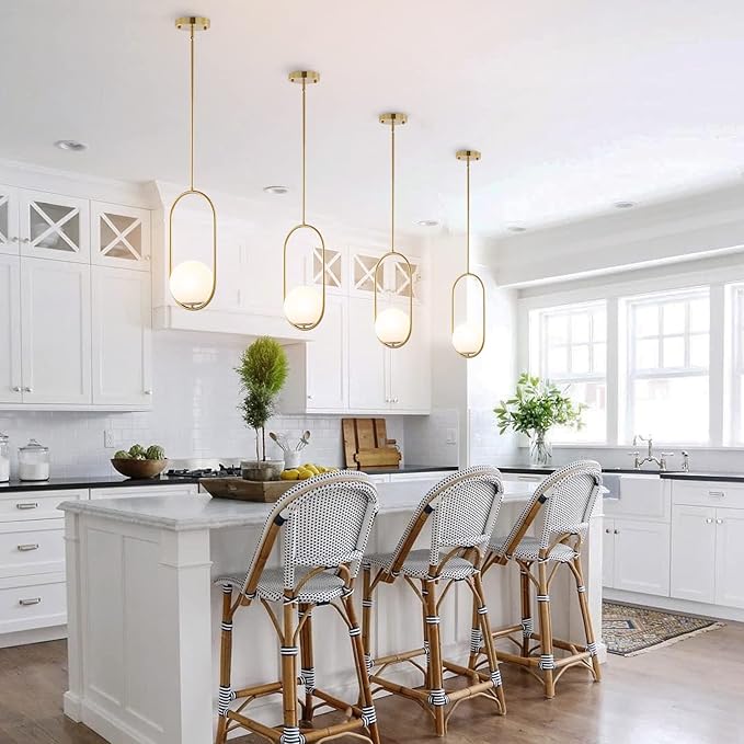 Modern Gold Globe Pendant Light Mid Century Chandelier 1-Light Brushed Brass Ceiling Hanging Lighting Fixture with White Globe Glass Shade for Kitchen Island Dining Room Bedroom