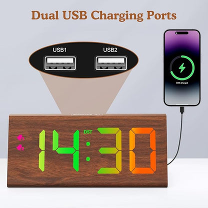 Wooden Digital Alarm Clock with Dual USB Charging Ports, DST, Dimmable, Snooze, RGB Colors, Modern Large Time Display LED Clock for Kids Bedrooms, Living Room, Desk, Table, Bedside, Nightstand (Brown)