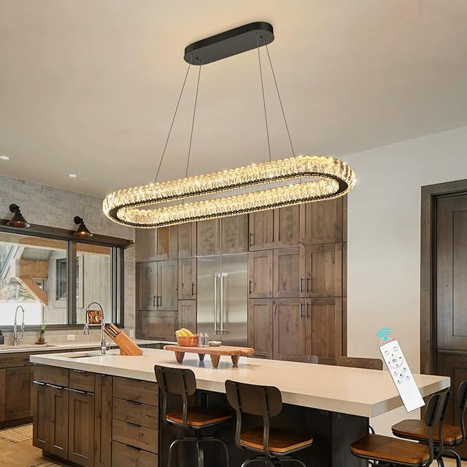 LED Ring Chandelier Oval Rings Pendant Lights for Dining Table Kitchen Island Remote Dimmable Hanging Light Chandeliers for Entryway Living Room Crystal Lighting Black