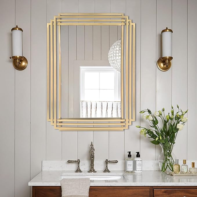 Gold Rectangle Mirror, 24"x18" Modern Vanity Wall Mirror with Metal Mirror, Geometric Art Deco Mirrors for Living Room Bathroom Bedroom Entryway Hallway, Hangs Vertically or Horizontally