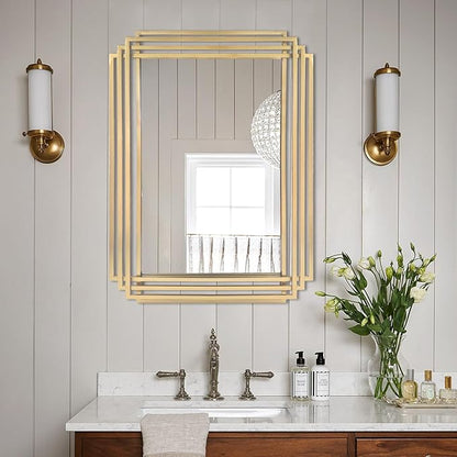 Gold Rectangle Mirror, 24"x18" Modern Vanity Wall Mirror with Metal Mirror, Geometric Art Deco Mirrors for Living Room Bathroom Bedroom Entryway Hallway, Hangs Vertically or Horizontally