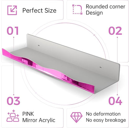 YMVV 15.7 in Large Pink Reflective Acrylic Mounted Floating Shelf, Perfume Organizer Shelf, Modern Bathroom Storage Toy Display Organizer Decor 4 Pack