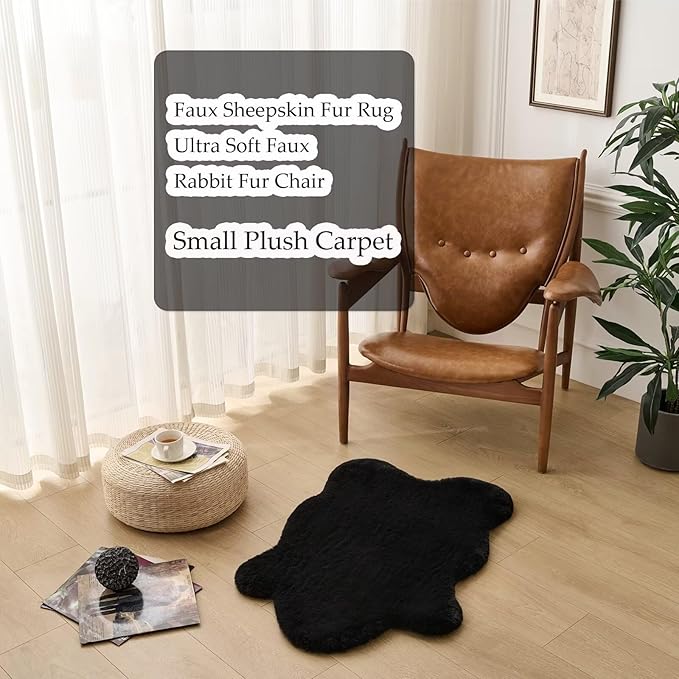 1700GSM Fuzzy Faux Sheepskin Fur Area Rug,Extra Soft Faux Fur Mat,Fluffy Shaggy Fur Rug for Bedroom Living Bedside Rug Room Decor-Black, 2 x 3 ft